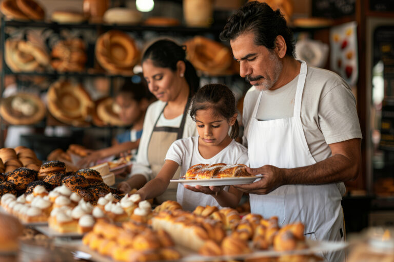 a Hispanic family running a successful bakery business, with customers being served and enjoying pastries