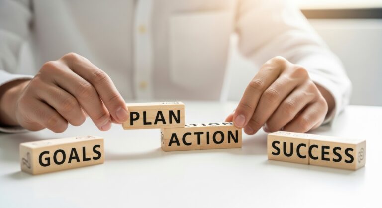 Hands Strategically Placing the Action Block to Bridge the Gap Between Plan and Success