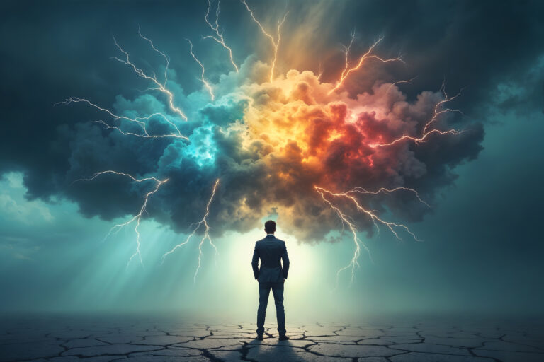 Businessman facing an epic storm of professional adversity and crisis, a metaphor for work stress and burnout